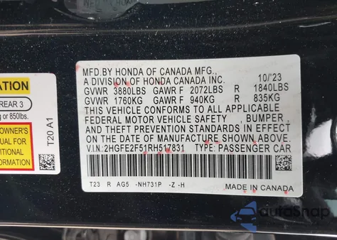 2024 Honda Civic Sport from USA, damaged, VIN 2HGFE2F51RH517831